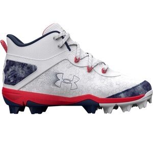 NEW! Boys Under Armour Harper 8 Mid RM Jr USA Size 10K Baseball Cleats Red Blue